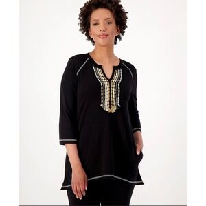 LOGO by Lori Goldstein Black Embellished V Neck 3/4 Sleeve Tunic Top Size 1X
